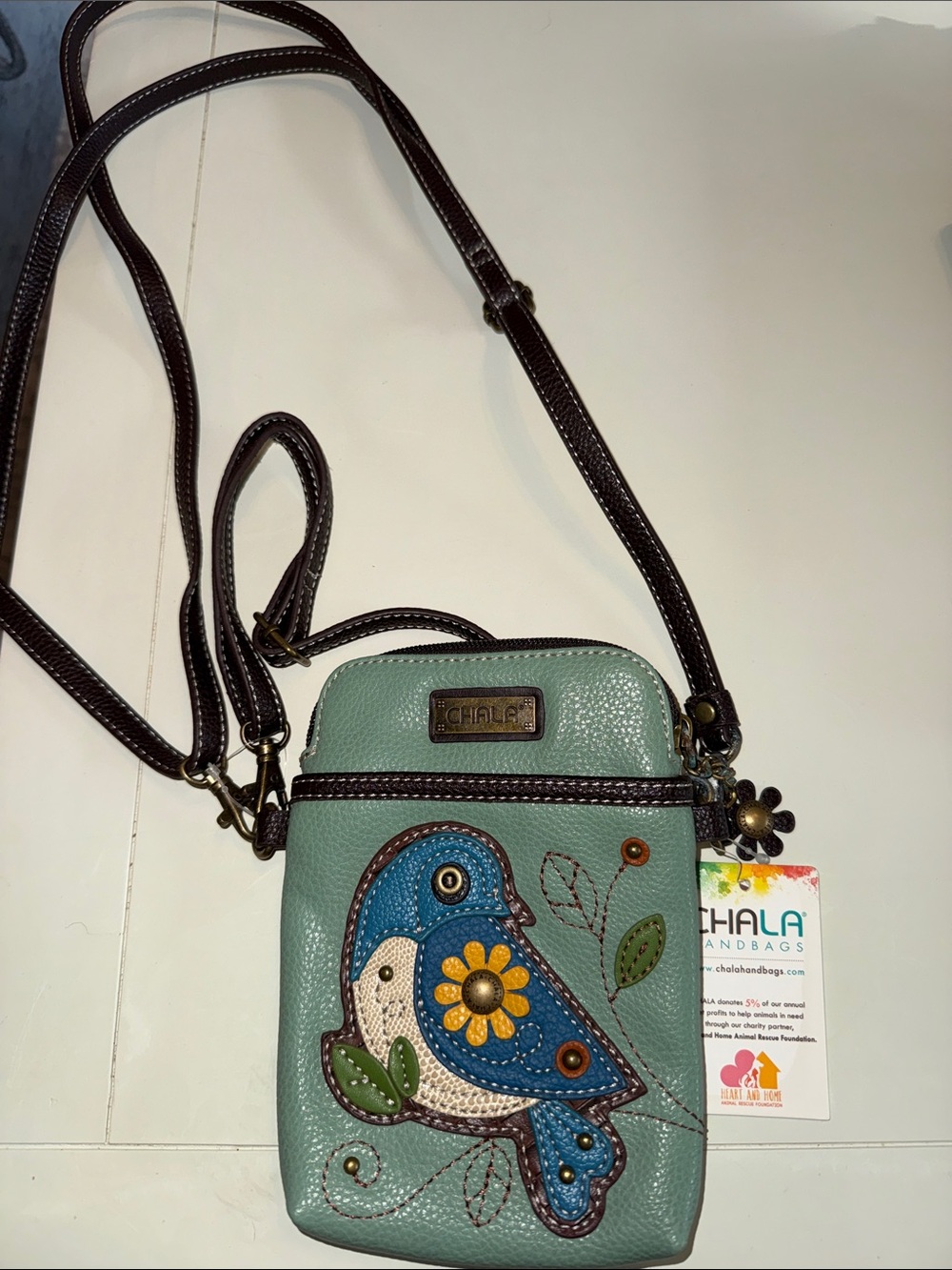 Chala Mint Green Crossbody Phone Bag with Blue Bird Appliqué